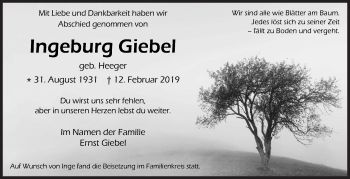 Traueranzeige von Ingeburg Giebel von Siegener Zeitung