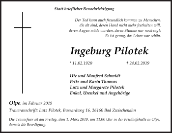 Traueranzeige von Ingeburg Pilotek von Siegener Zeitung