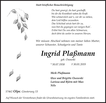 Traueranzeige von Ingrid Plaßmann von Siegener Zeitung