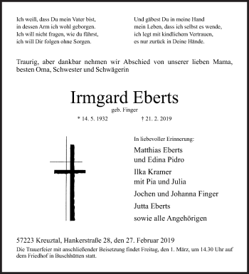 Traueranzeige von Irmgard Eberts von Siegener Zeitung
