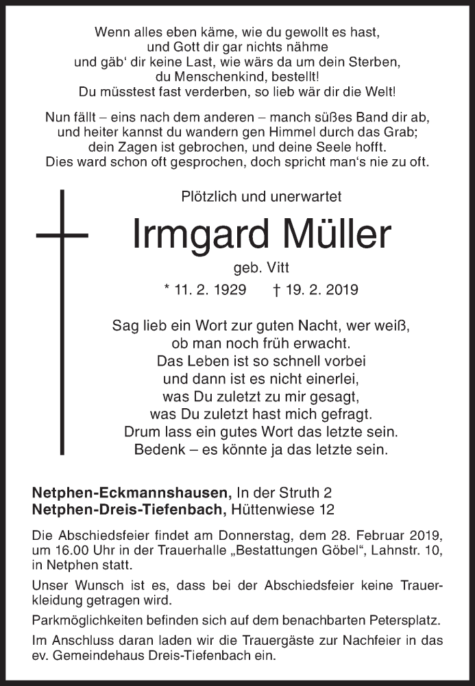  Traueranzeige für Irmgard Müller vom 25.02.2019 aus Siegener Zeitung