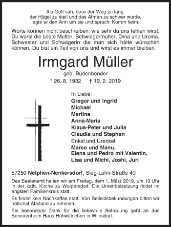 Traueranzeige von Irmgard Müller von Siegener Zeitung
