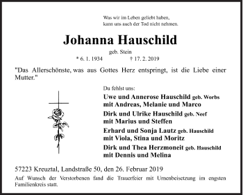 Traueranzeige von Johanna Hauschild von Siegener Zeitung