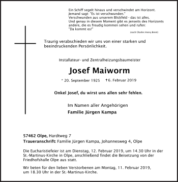 Traueranzeige von Josef Maiworm von Siegener Zeitung