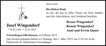 Traueranzeige von Josef Wingendorf von Siegener Zeitung