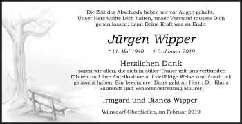 Traueranzeige von Jürgen Wipper von Siegener Zeitung