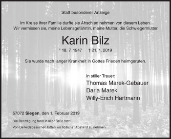Traueranzeige von Karin Bilz von Siegener Zeitung
