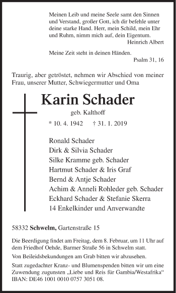 Traueranzeige von Karin Schader von Siegener Zeitung
