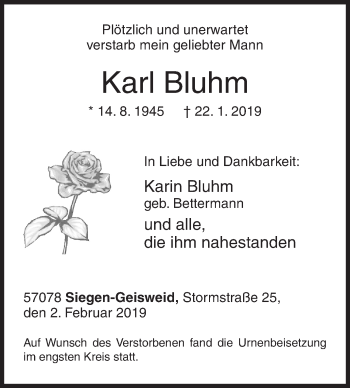 Traueranzeige von Karl Bluhm von Siegener Zeitung