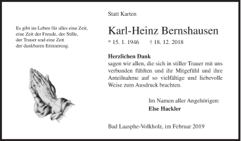 Traueranzeige von Karl-Heinz Bernshausen von Siegener Zeitung
