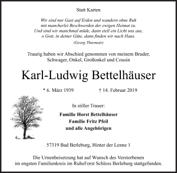 Traueranzeige von Karl-Ludwig Bettelhäuser von Siegener Zeitung
