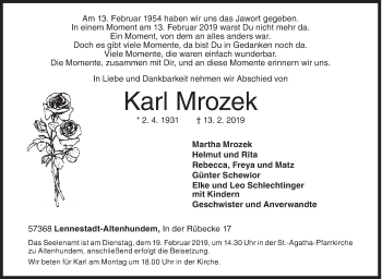 Traueranzeige von Karl Mrozek von Siegener Zeitung