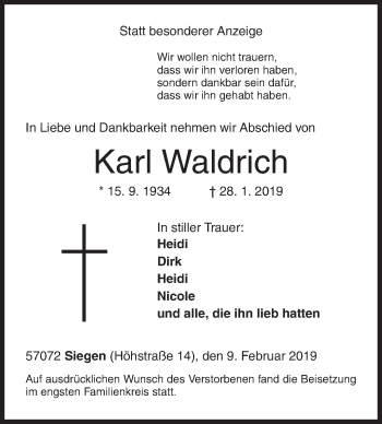 Traueranzeige von Karl Waldrich von Siegener Zeitung