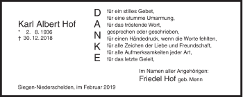 Traueranzeige von Karl Albert Hof von Siegener Zeitung