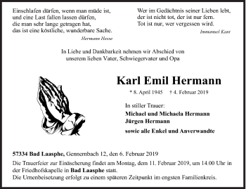 Traueranzeige von Karl Emil Hermann von Siegener Zeitung