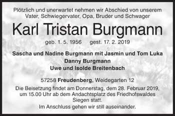 Traueranzeige von Karl Tristan Burgmann von Siegener Zeitung