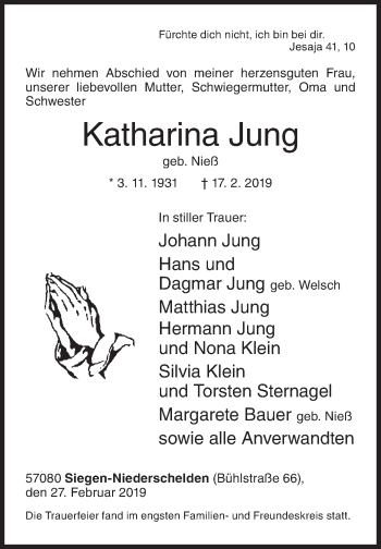 Traueranzeige von Katharina Jung von Siegener Zeitung