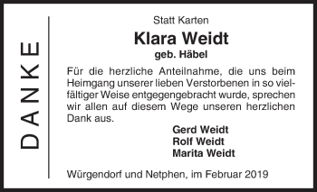 Traueranzeige von Klara Weidt von Siegener Zeitung