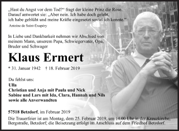 Traueranzeige von Klaus Ermert von Siegener Zeitung