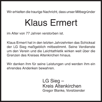 Traueranzeige von Klaus Ermert von Siegener Zeitung