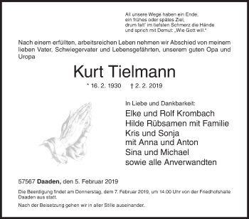 Traueranzeige von Kurt Tielmann von Siegener Zeitung