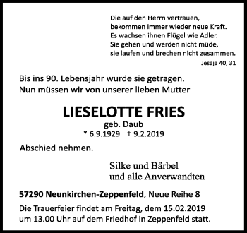 Traueranzeige von Lieselotte Fries von Siegener Zeitung