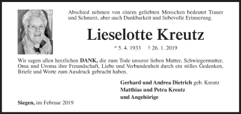 Traueranzeige von Lieselotte Kreutz von Siegener Zeitung