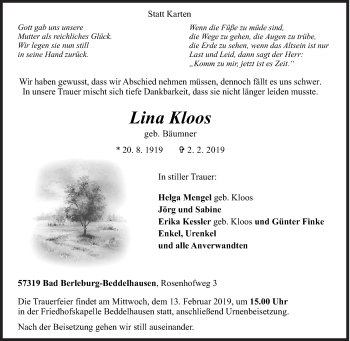 Traueranzeige von Lina Kloos von Siegener Zeitung