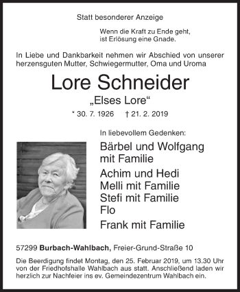 Traueranzeige von Lore Schneider von Siegener Zeitung