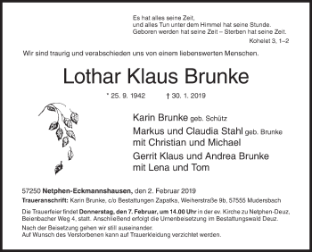 Traueranzeige von Lothar Klaus Brunke von Siegener Zeitung