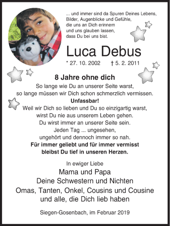 Traueranzeige von Luca Debus von Siegener Zeitung