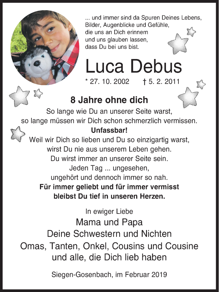  Traueranzeige für Luca Debus vom 05.02.2019 aus Siegener Zeitung