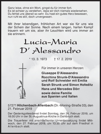 Traueranzeige von Lucia-Maria D’ Alessandro von Siegener Zeitung