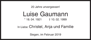 Traueranzeige von Luise Gaumann von Siegener Zeitung