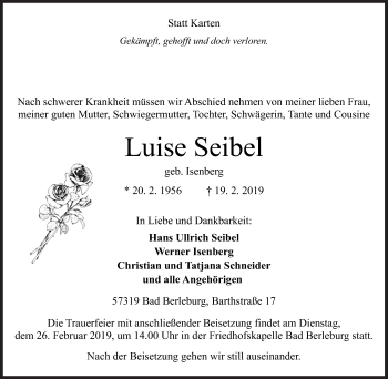 Traueranzeige von Luise Seibel von Siegener Zeitung