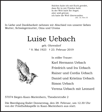 Traueranzeige von Luise Uebach von Siegener Zeitung