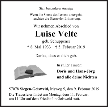Traueranzeige von Luise Velte von Siegener Zeitung