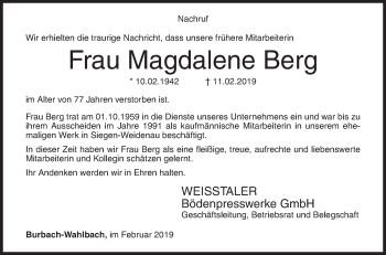 Traueranzeige von Magdalene Berg von Siegener Zeitung
