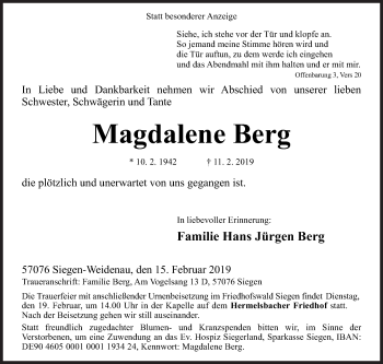 Traueranzeige von Magdalene Berg von Siegener Zeitung