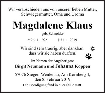 Traueranzeige von Magdalene Klaus von Siegener Zeitung