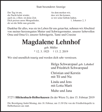 Traueranzeige von Magdalene Lehnhof von Siegener Zeitung