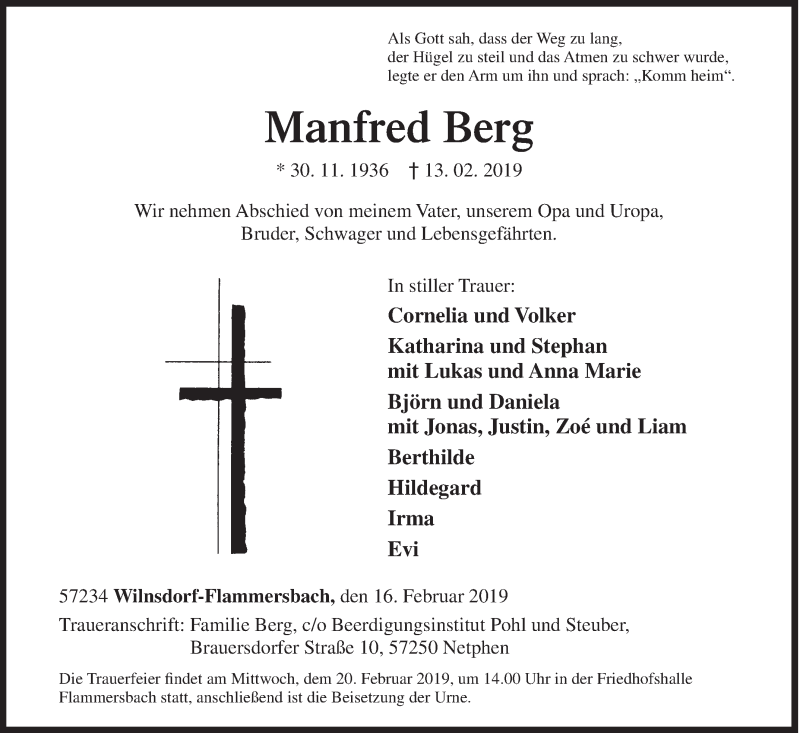  Traueranzeige für Manfred Berg vom 16.02.2019 aus Siegener Zeitung