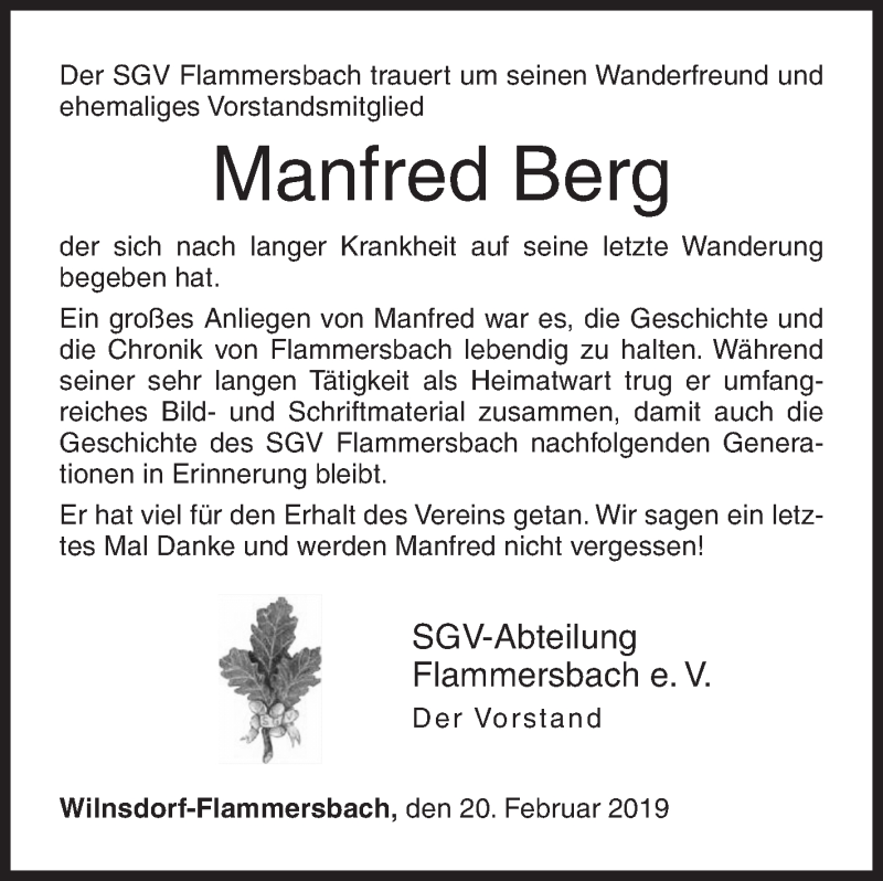  Traueranzeige für Manfred Berg vom 20.02.2019 aus Siegener Zeitung