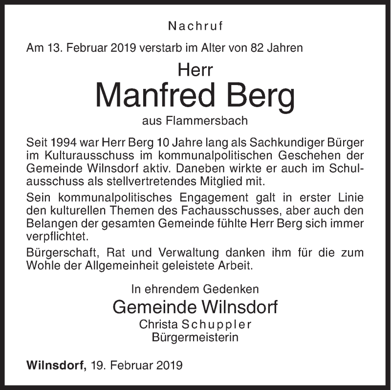  Traueranzeige für Manfred Berg vom 19.02.2019 aus Siegener Zeitung