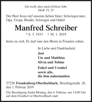 Traueranzeige von Manfred Schreiber von Siegener Zeitung