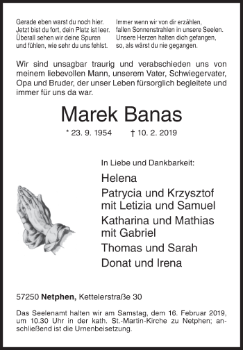 Traueranzeige von Marek Banas von Siegener Zeitung