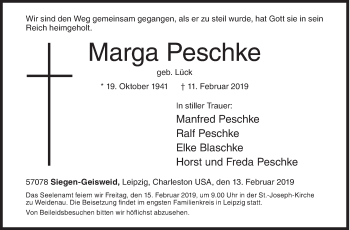Traueranzeige von Marga Peschke von Siegener Zeitung