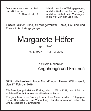 Traueranzeige von Margarete Höfer von Siegener Zeitung