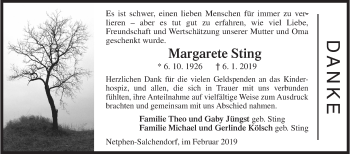 Traueranzeige von Margarete Sting von Siegener Zeitung
