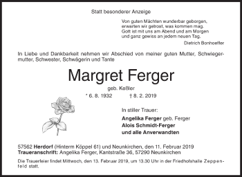Traueranzeige von Margret Ferger von Siegener Zeitung